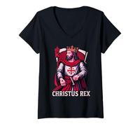 Donna Christus Rex Cattolico Cristo Re Sacro Cuore Maglietta con Collo a V