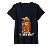 Donna Christus Vincit Cattolico Cristo Re Sacro Cuore Maglietta con Collo a V
