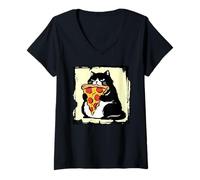 Donna Chunky Smoking Cat Chomping Pepperoni Pizza Maglietta con Collo a V