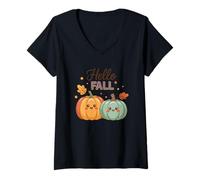 Donna Ciao Autunno Carino Zucca Faces Autunno Vib Maglietta con Collo a V