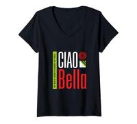 Donna Ciao Bella - Design Minimalista a Righe Italiane Maglietta con Collo a V