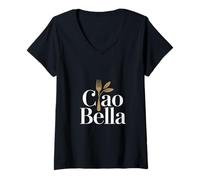 Donna Ciao Bella Italia Elegante Cibo Emblema Arte Maglietta con Collo a V