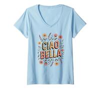Donna Ciao Bella Italia Floreale retrò Minimalista Amante del Giardino Fiore Maglietta con Collo a V