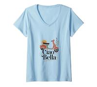 Donna Ciao Bella Italia Scooter Arte Vintage Maglietta con Collo a V