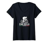 Donna Ciao Bella Italia Uomo in bicicletta Grafica Bandiera Italiana Maglietta con Collo a V