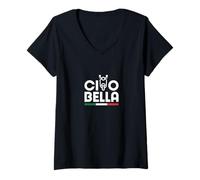 Donna Ciao Bella Italia Vintage Scooter Grafica Bandiera Italiana Maglietta con Collo a V