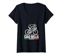 Donna Ciao Ciclista Italiano Prendendo Posizione Gara e Bandiera Italia Maglietta con Collo a V