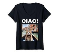 Donna Ciao Gatto Gondoliere Divertente Su Una Gondola Veneziana, Venezia Italia Maglietta con Collo a V