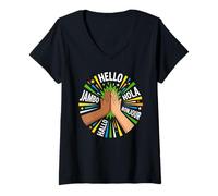 Donna Ciao Hola Bonjour Multilingue High Five Unity Maglietta con Collo a V