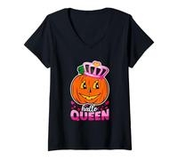 Donna Ciao Regina Zucca Halloween Autunno Zucca Halloween Costu Maglietta con Collo a V