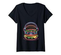 Donna Cibo Musicale Dj Food Burger E Cuffie Maglietta con Collo a V