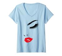 Donna Ciglia & Labbra Rosse Bold Minimalist Beauty Face Line Art Maglietta con Collo a V
