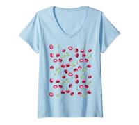 Donna Ciliegie Cherry Fruit Pattern Acquerello Opera d'arte Maglietta con Collo a V