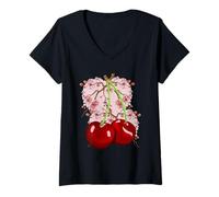 Donna Ciliegio Albero da frutto Ciliegia Frutta Estate Ciliegia Giardiniere Maglietta con Collo a V