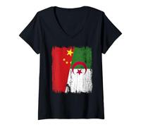 Donna Cina Algeria Mezza Bandiera Cinese Algerino Patrimonio Maglietta con Collo a V