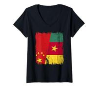 Donna Cina Camerun Mezza Bandiera Antenati Camerun Cinese Maglietta con Collo a V