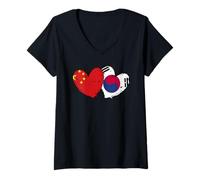 Donna Cina Corea del Sud Cuore Bandiere Cinese Corea del Sud Corea Maglietta con Collo a V