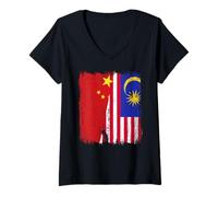Donna Cina Malesia Half Flag Chinese Malaysian Heritage Jersey Maglietta con Collo a V