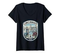 Donna Cincinnati Ohio Queen City Ponte Roebling Retro Maglietta con Collo a V