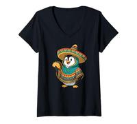 Donna Cinco De Mayo Penguin Mangia Taco Divertente Sombrero Messicano Maglietta con Collo a V