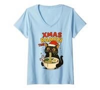 Donna Ciotola Natalizia Ramen Cat Anime Kawaii Santa Maglietta con Collo a V
