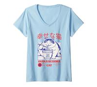 Donna Ciotola per ramen giapponese retrò anni '90 con gatto Happy Buddha Maglietta con Collo a V