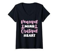 Donna Citazione di Meditazione Yoga Cuore Grateful Mente Pacifica Maglietta con Collo a V