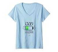 Donna Citazione Divertente della Batteria I'm Not Lazy Energy Saving Mode Maglietta con Collo a V, Celeste, XL