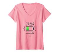 Donna Citazione Divertente della Batteria I'm Not Lazy Energy Saving Mode Maglietta con Collo a V, Rosa, M
