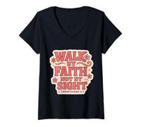 Donna Citazione in versi biblici cristiani Walk By Faith Not By Sight Women Maglietta con Collo a V