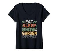 Donna Citazioni Divertenti sul Giardino Mangiare Dormire Crescere Un Giardino Ripeti Il Giardinaggio Maglietta con Collo a V