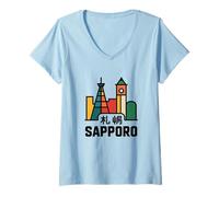 Donna Città di Sapporo Giappone Viaggio Giapponese Torii Gate Maglietta con Collo a V