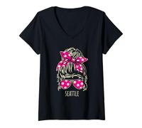 Donna City of Seattle - Chignon per Capelli disordinati, con Motivo Occhiali da Sole Maglietta con Collo a V