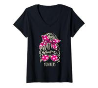Donna City of Yonkers, Chignon, Chignon, Occhiali da Sole, Design disordinato Maglietta con Collo a V
