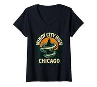 Donna City Windy High Chicago Camicia Retro Skyline Swirl Design Maglietta con Collo a V