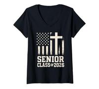 Donna Classe Senior del 2026 - Fede Cristiana e Orgoglio della Bandiera Maglietta con Collo a V