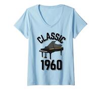 Donna Classic Anno 1960 con Un Pianoforte a Coda. Maglietta con Collo a V