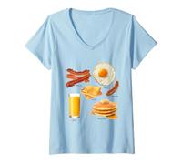 Donna Classic Breakfast Foods Bacon Eggs Pancakes Retro Maglietta con Collo a V