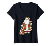 Donna Classic Christmas Santa Patchwork Plaid Trapunta Famiglia Maglietta con Collo a V