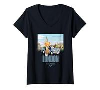 Donna Classic Teddy Bear in London Cityscape Illustration Graphic Maglietta con Collo a V