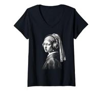 Donna Classica Pittura Cuffie Musica Amante Maglietta con Collo a V