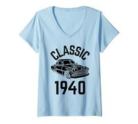 Donna Classico 1940 con auto. Maglietta con Collo a V