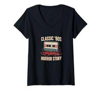 Donna Classico 80s Horror Story Cassette Maglietta con Collo a V