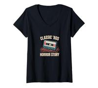Donna Classico 80s Horror Story Cassette Maglietta con Collo a V
