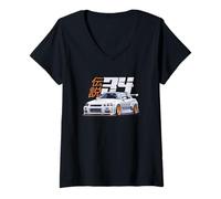 Donna Classico Bianco Leggendario R34 Liberty Passeggiata JDM Skyline Maglietta con Collo a V