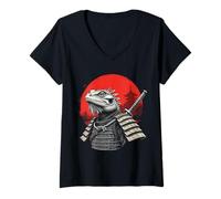 Donna Classico Drago Barbuto Samurai Luna Rossa Arte Giapponese Maglietta con Collo a V