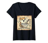 Donna Classico Giapponese Cave Art Noodle Amante Carino Criceto Ramen Maglietta con Collo a V