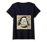 Donna Classico Giapponese Cave Art Noodle Lover Seal Pup Ramen Maglietta con Collo a V