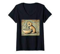 Donna Classico Giapponese Cave Art Noodles Amante Cucciolo Cheetah Ramen Maglietta con Collo a V