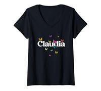 Donna Claudia - Bellissimo Nome di Ragazza con Farfalle Colorate Maglietta con Collo a V